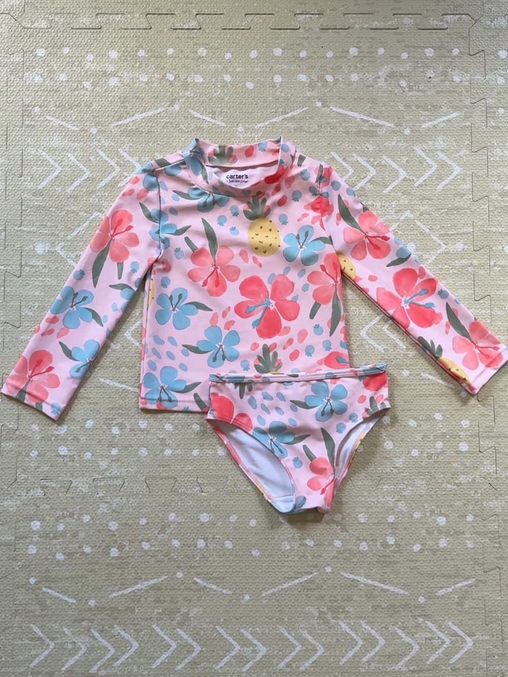 Carter's Pink Floral Long-Sleeve Swim Set with Blue and Yellow Accents